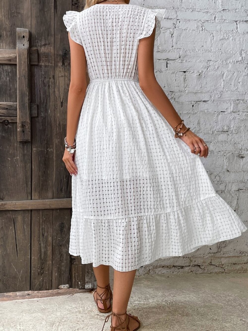 White Casual Women's Ruffle Trim Wrap Hem Maxi Dress - Picture 2 of 6